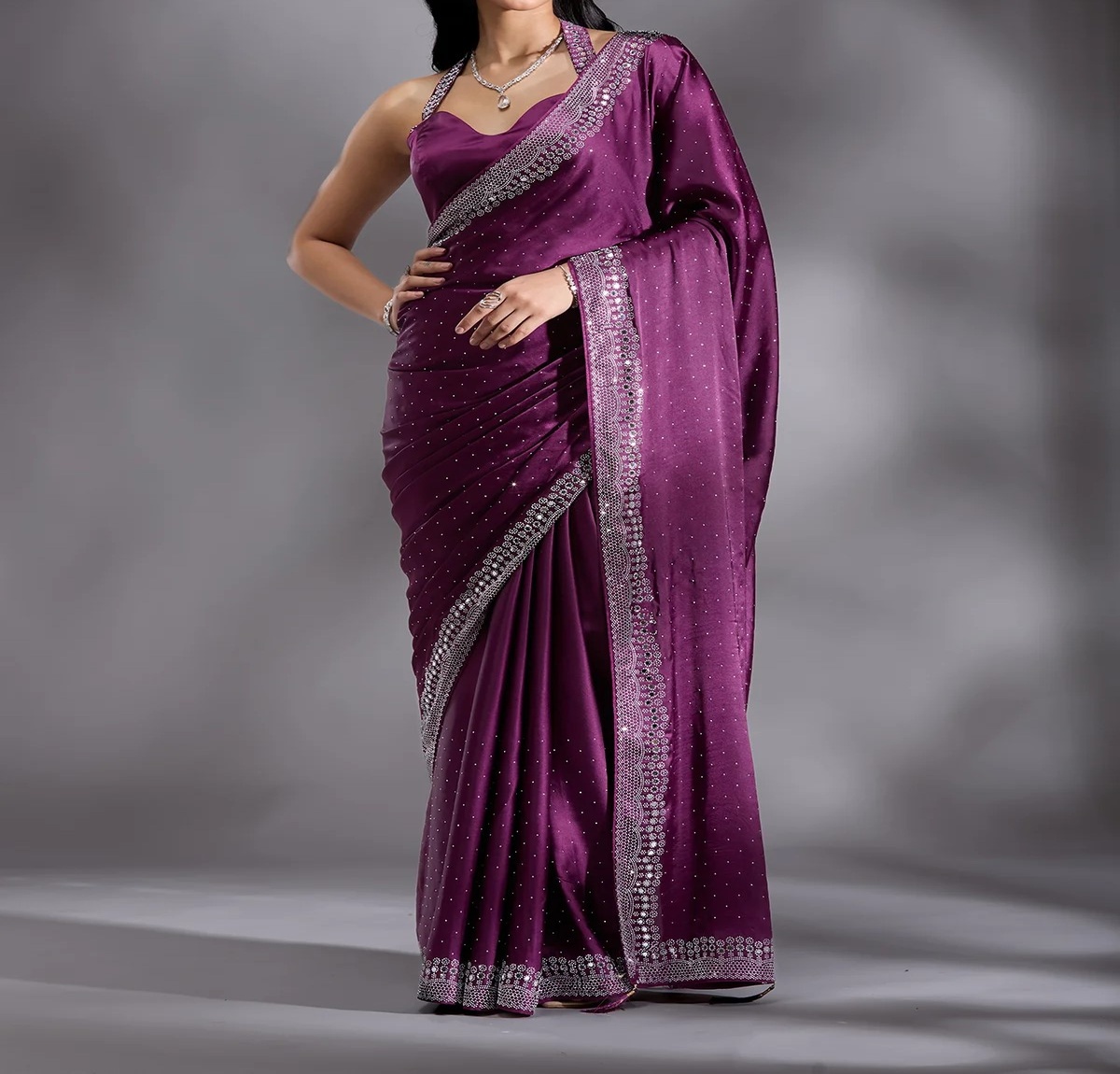 Purple Silver Stonework Satin Saree
